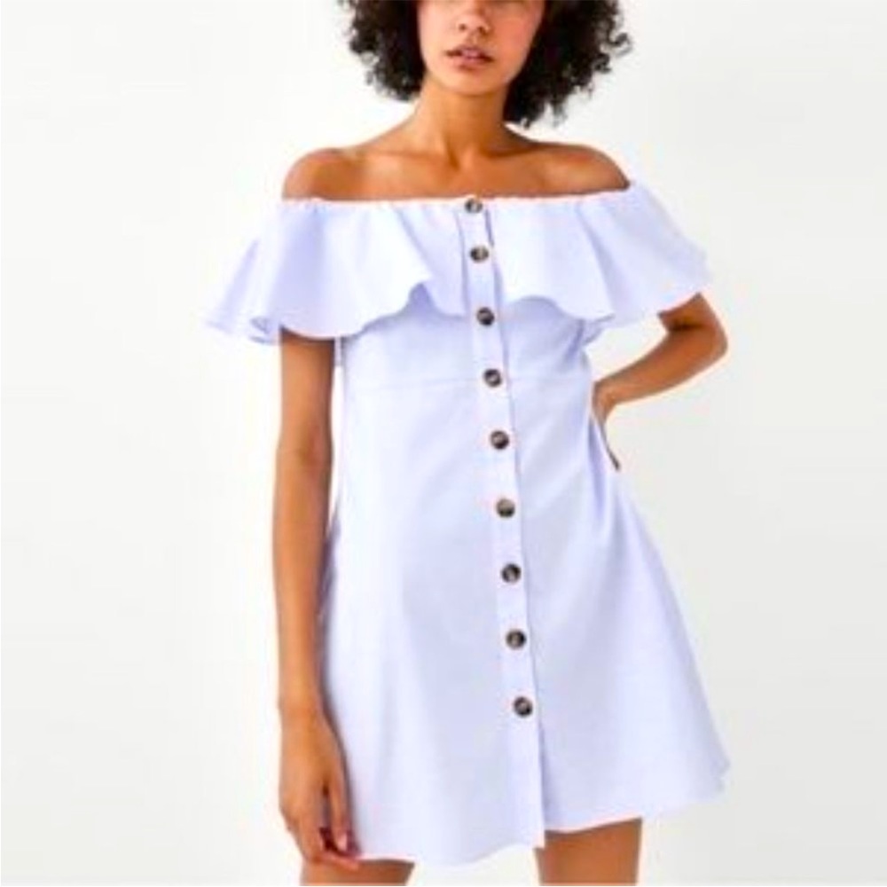 Zara Trafaluc pale blue button up ruffle dress NWT
